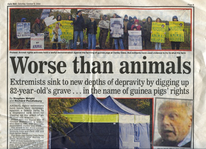 Daily Mail (UK) - October 9th 2004 - Animal Rights Extremists dig up the grave of Gladys Hammond