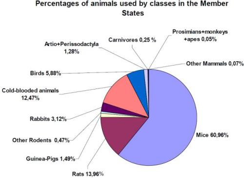Breakdown of the percentages of different species of animals used in research across the EU in 2011