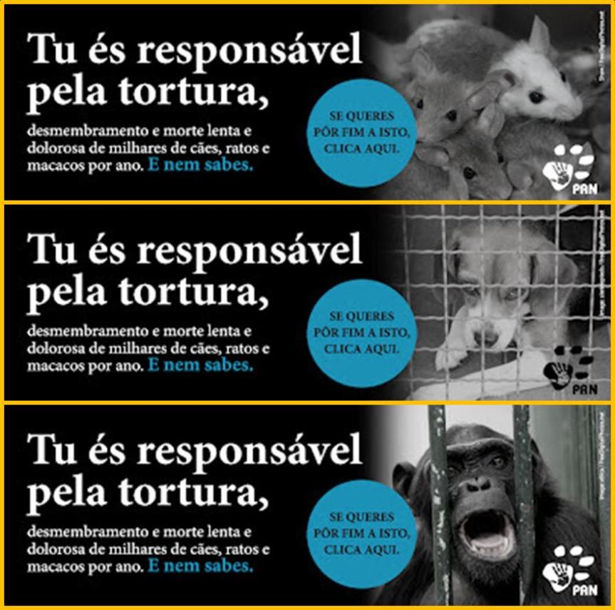 Banners from PAN that can be found on their Facebook page. They all read “You are responsible for the torture, dismemberment and the slow and painful death of thousands of dogs, rats and monkeys every year. And you don’t even know it.”
