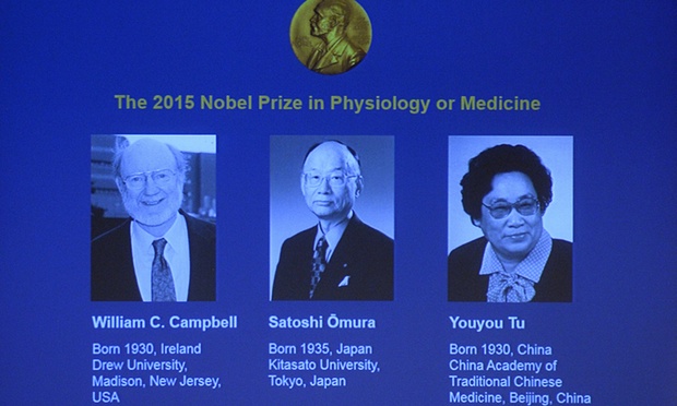 Portraits of the winners of the Nobel medicine prize, shown on a screen at the ceremony in Stockholm. Photograph: Jonathan Nackstrand/AFP/Getty Images