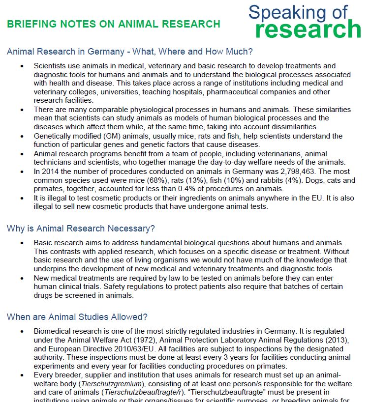 Briefing note on animal research in Germany